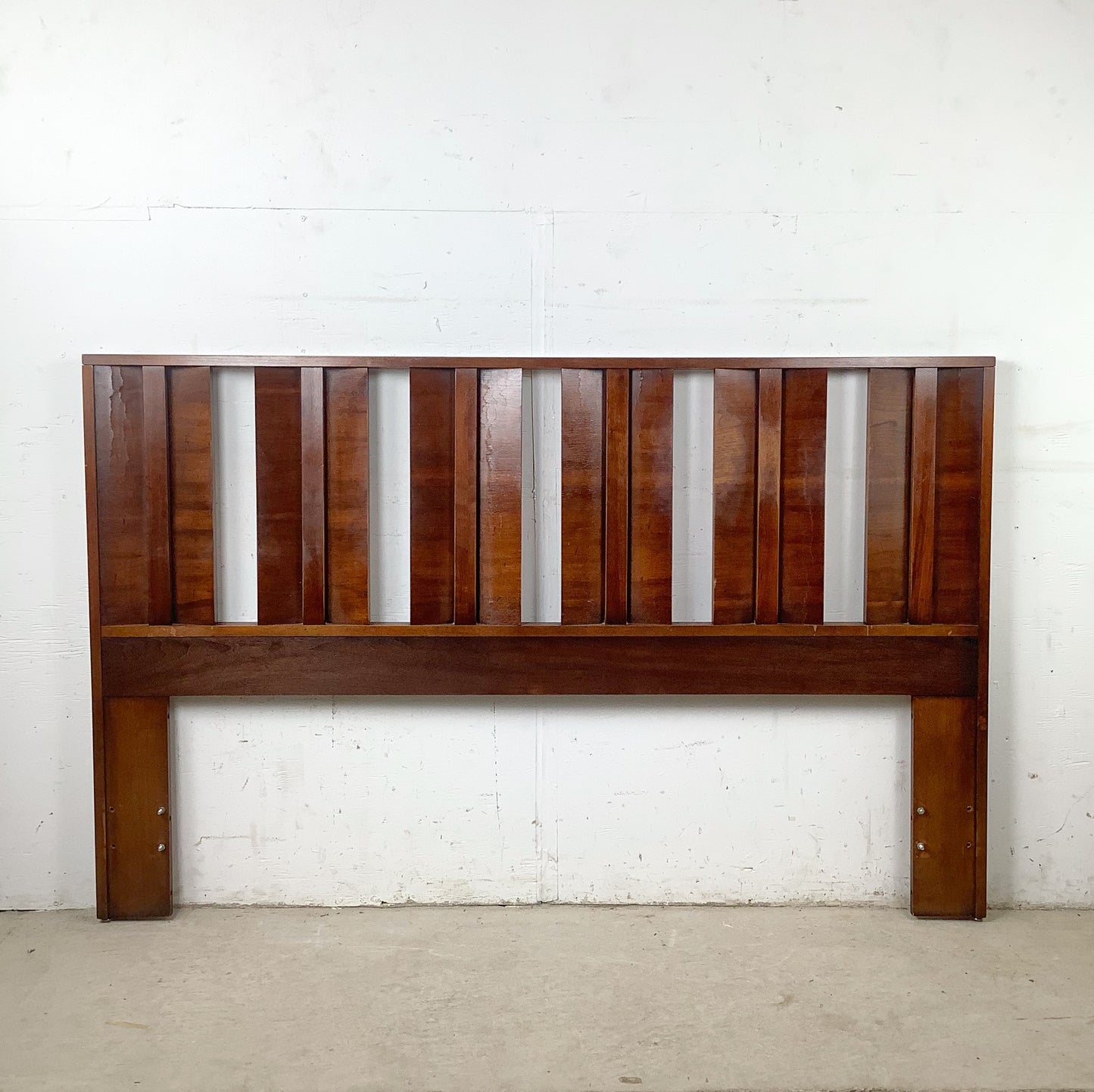 Vintage Mid-Century Modern Walnut Queen Headboard with Architectural Vertical Slat Design