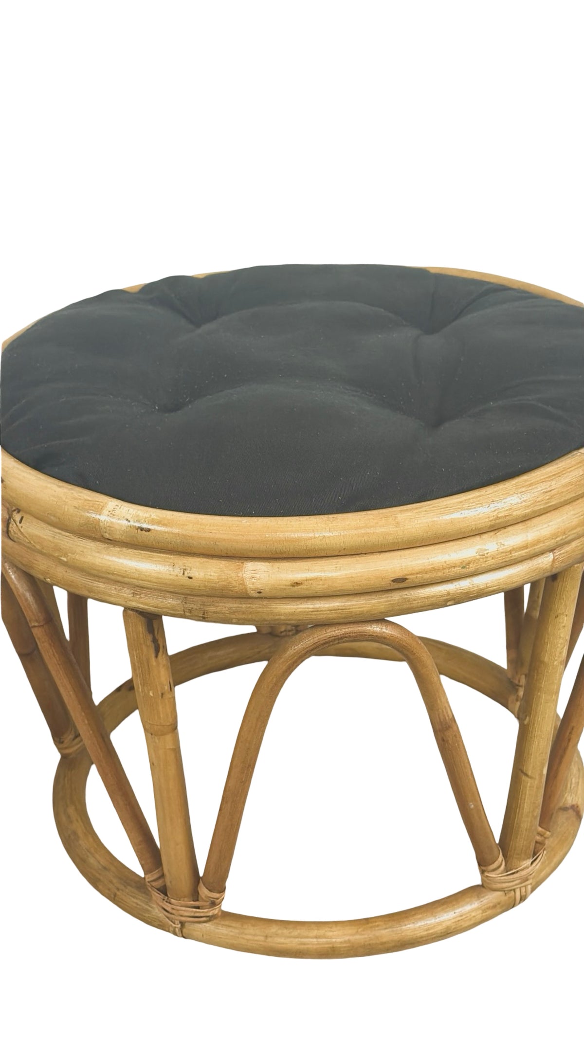 Pair of Vintage Rattan Bamboo Round Ottoman Footstools with Black Cushions, 1970s