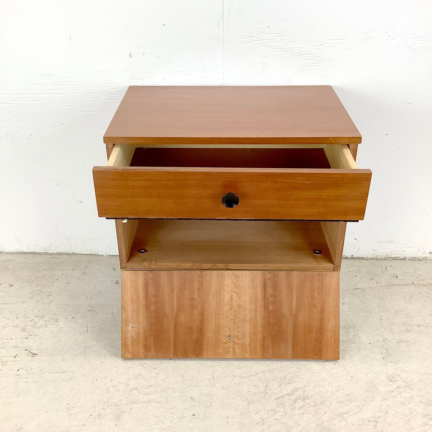Mid-Century Nightstand With Drawer and Cabinet– Minimalist Form, Warm Finish