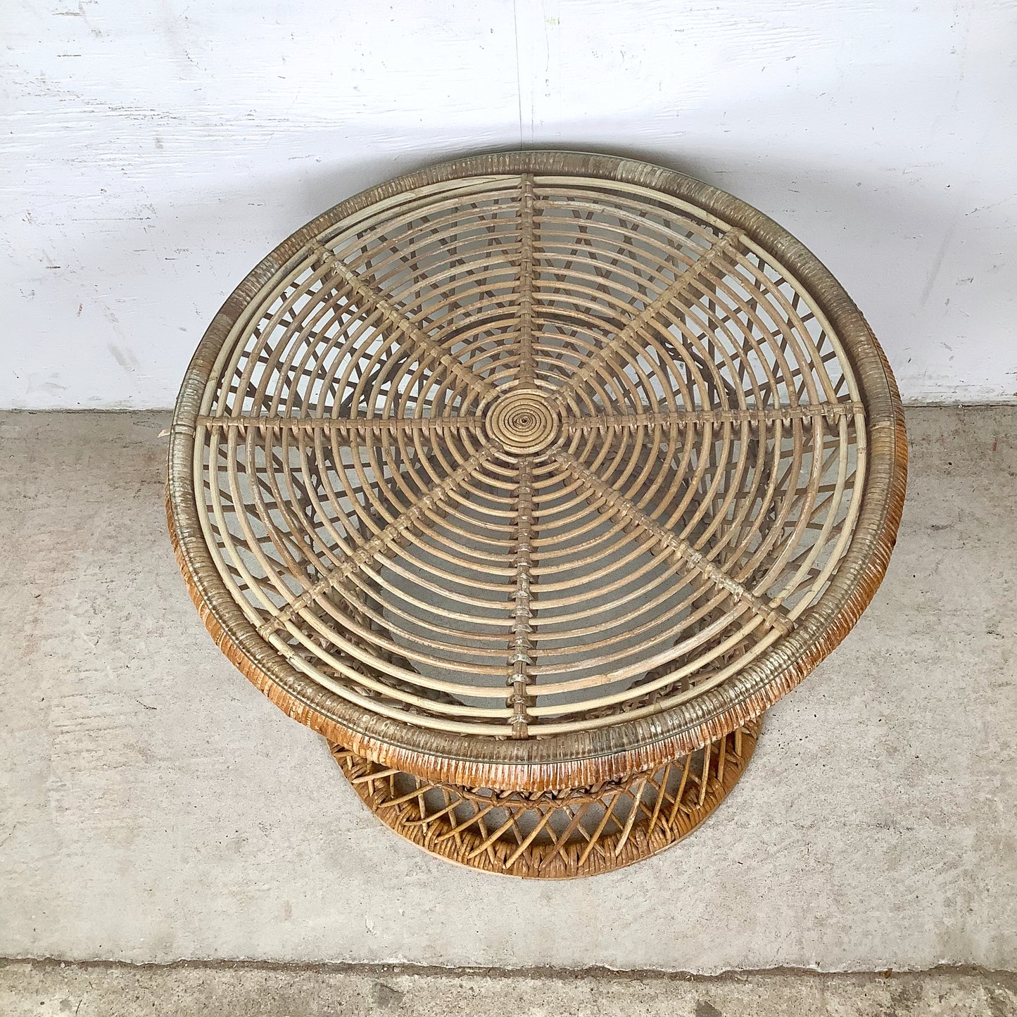 Vintage Wicker Drum Table With Glass Top