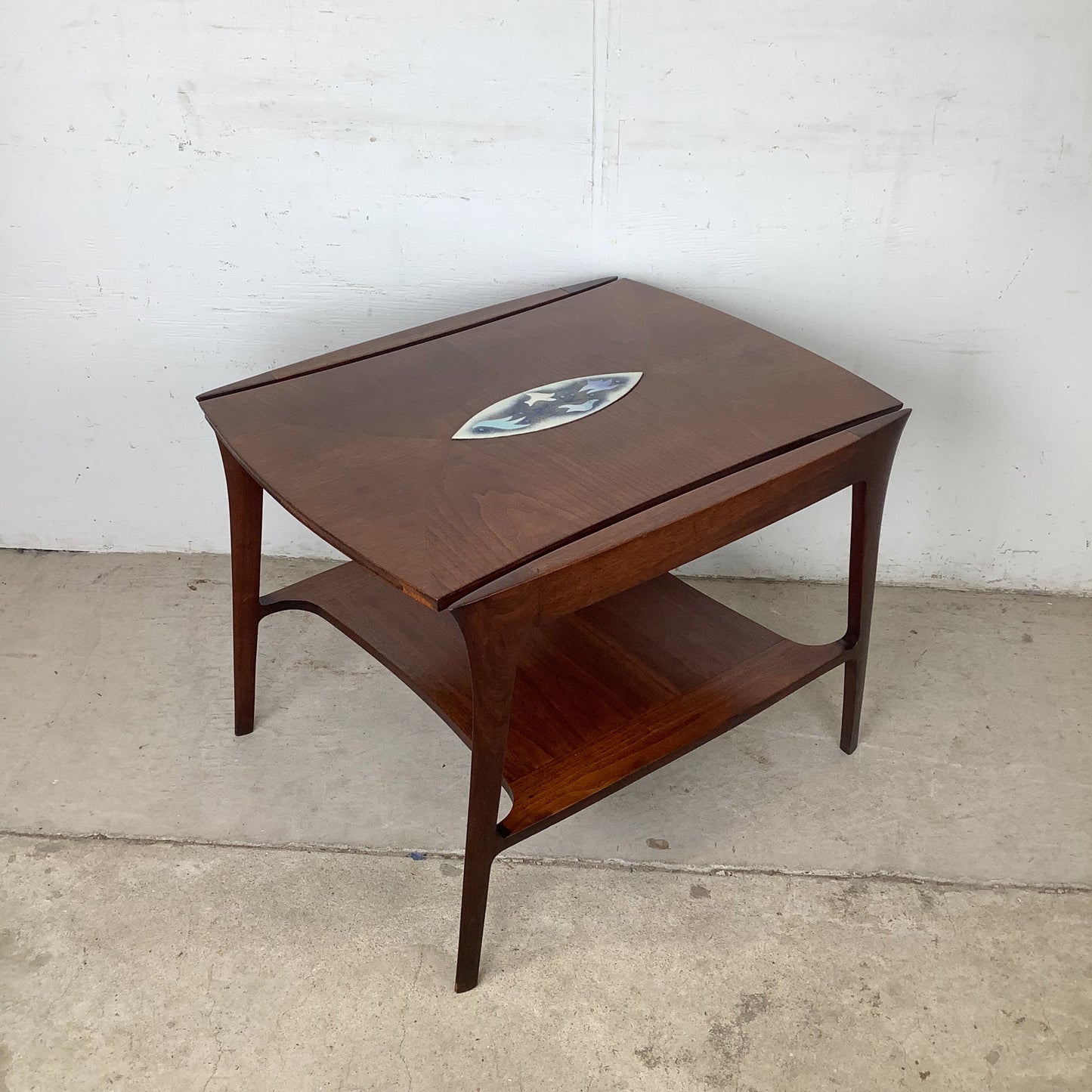John Stuart Inc. Walnut Two-Tier End Table | Enamel Inlay | Splayed Legs | 1960s