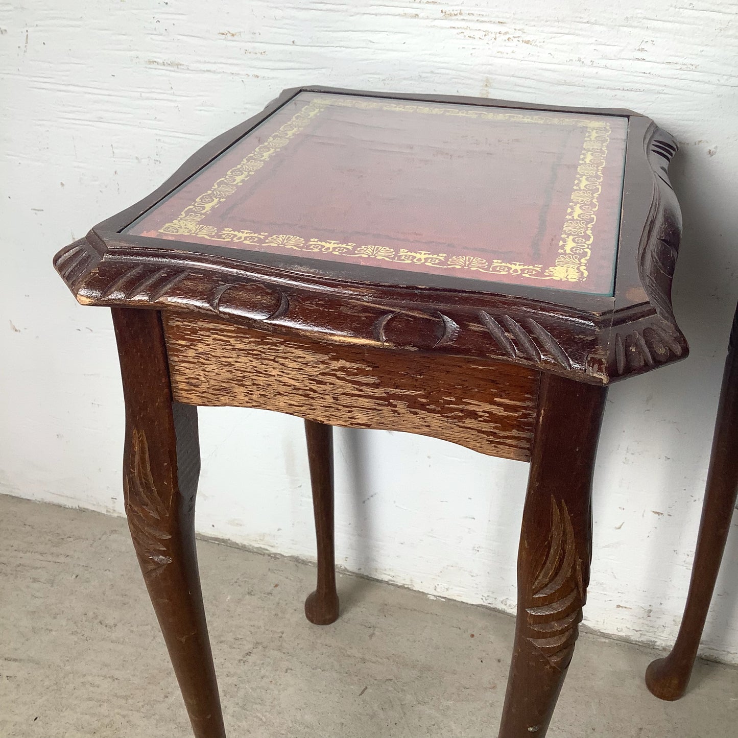 Vintage Queen Anne Style Nesting Tables with Tooled Leather Tops – Set of Three