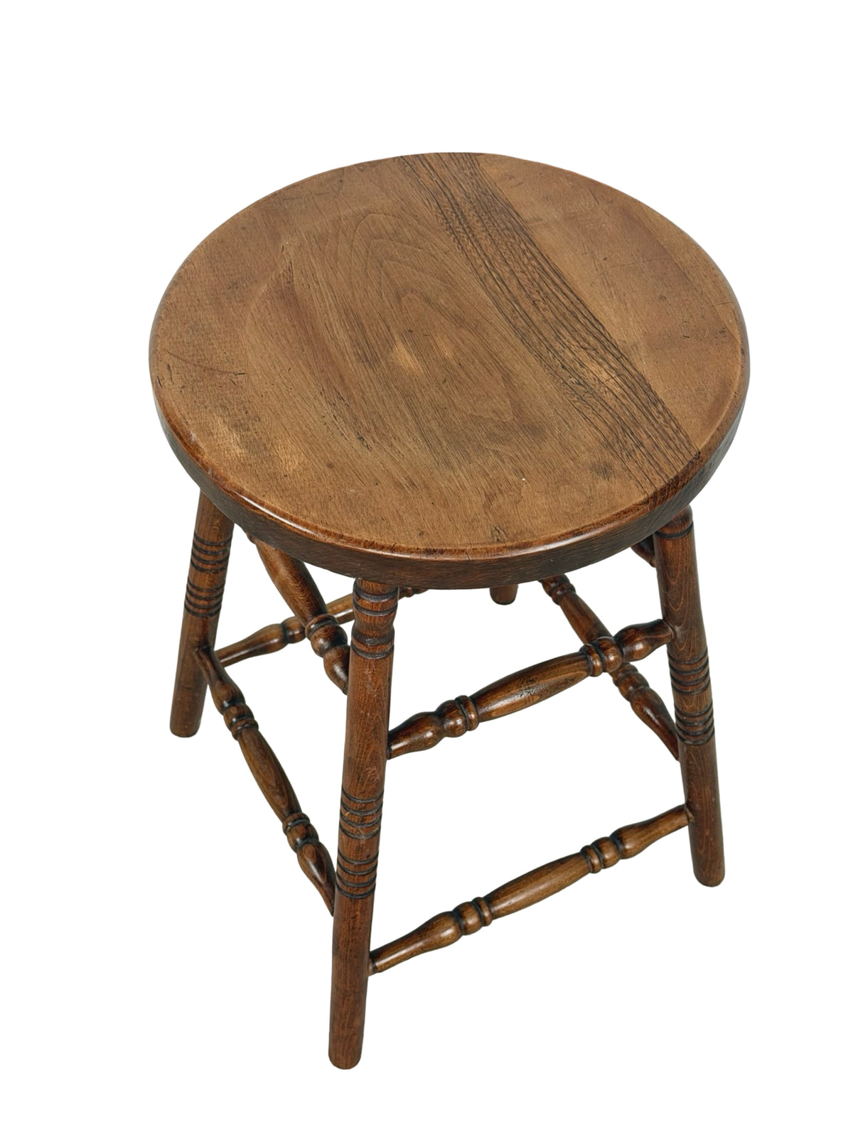 Antique Country Turned-Leg Round Wooden Stool, Primitive Farmhouse