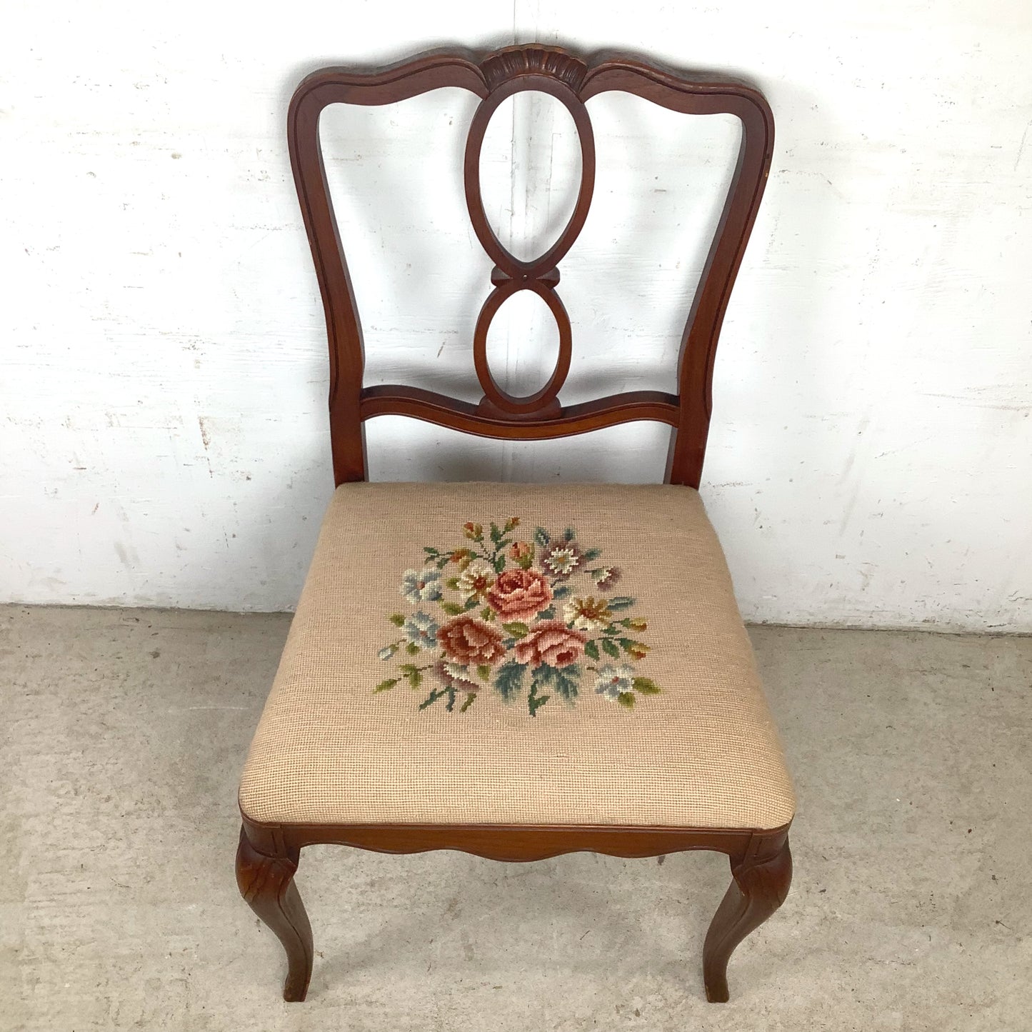 Vintage Queen Anne Style Side Chair with Needlepoint Upholstered Seat