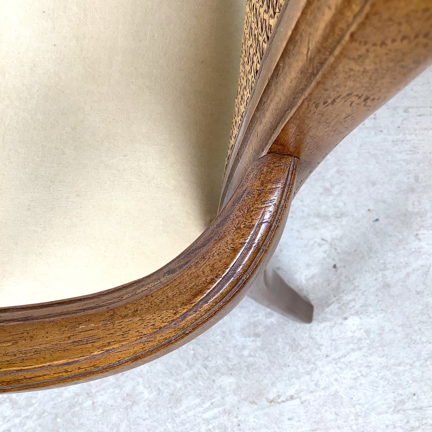 Pair of Vintage Provincial High-Back Cane Armchairs — Walnut, Burlwood Crest, 1970s