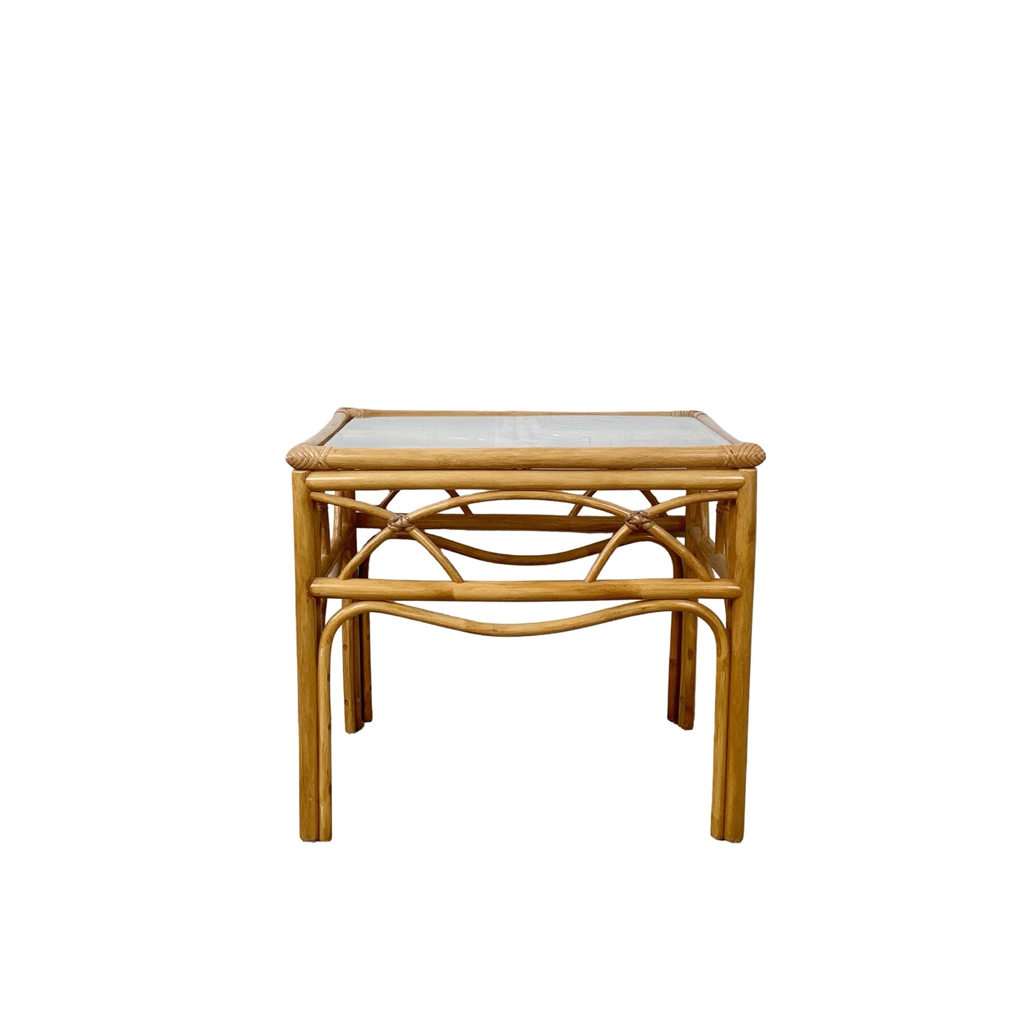 Vintage Bent Rattan Side Table with Inset Glass Top — Arch Apron, circa 1970s–1980s