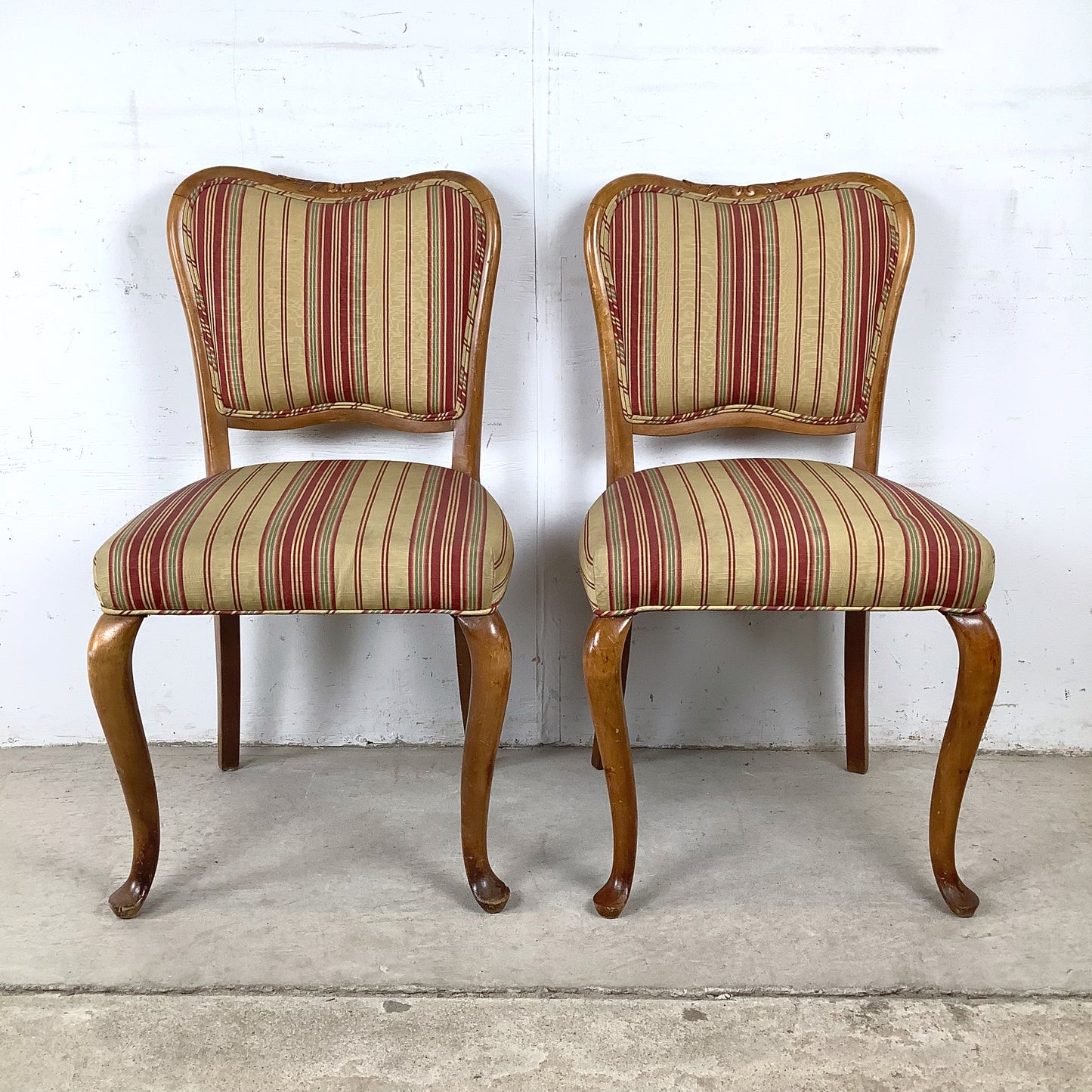 Queen Anne Dining Side Chairs — Set of Four | Walnut Cabriole Legs | Burgundy Stripe Upholstery