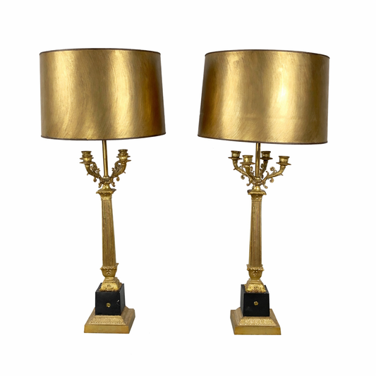 Pair of Neoclassical Brass Table Lamps with Fluted Columns and Ornate Candelabra Tops