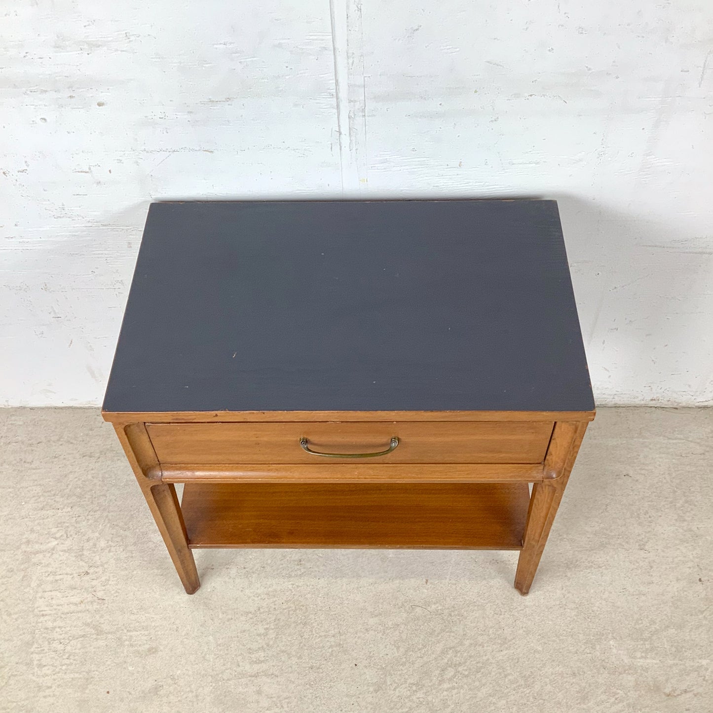 Mid-Century Nightstand with Black Top and Lower Shelf