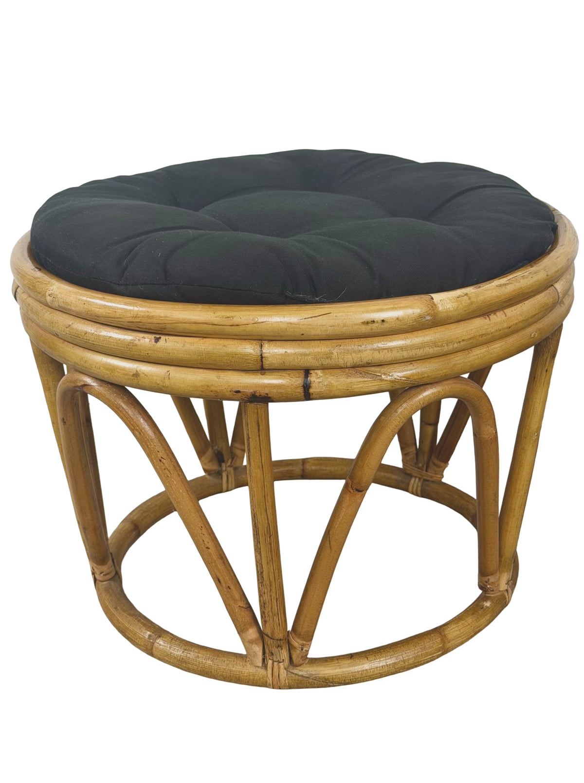 Pair of Vintage Rattan Bamboo Round Ottoman Footstools with Black Cushions, 1970s