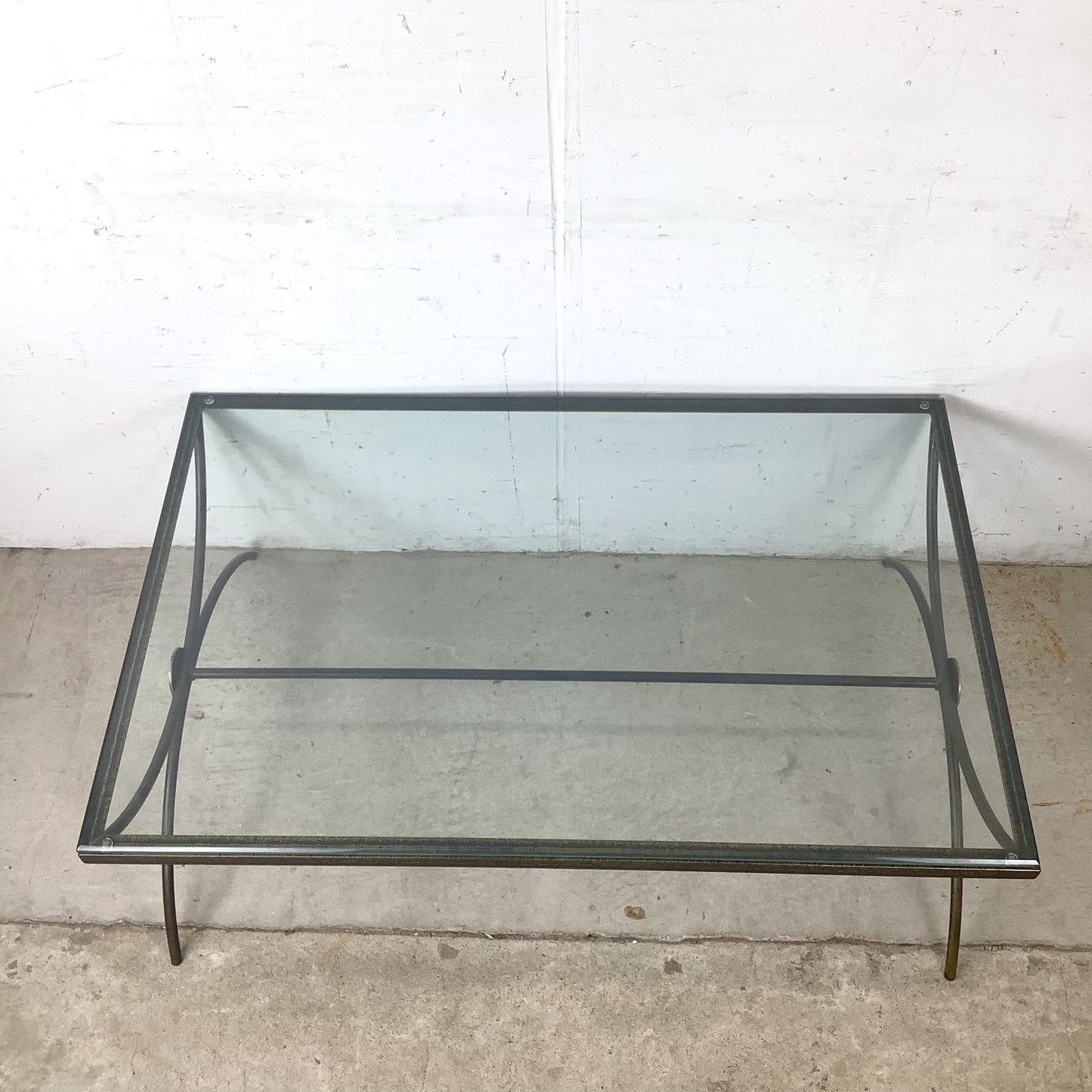 Vintage Modern Glass Coffee Table with Sculptural Wrought Iron Base