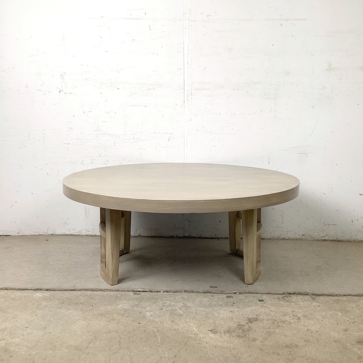 Vintage Round Low Coffee Table | Cerused Finish | Arch Form Base | Circular Stretcher