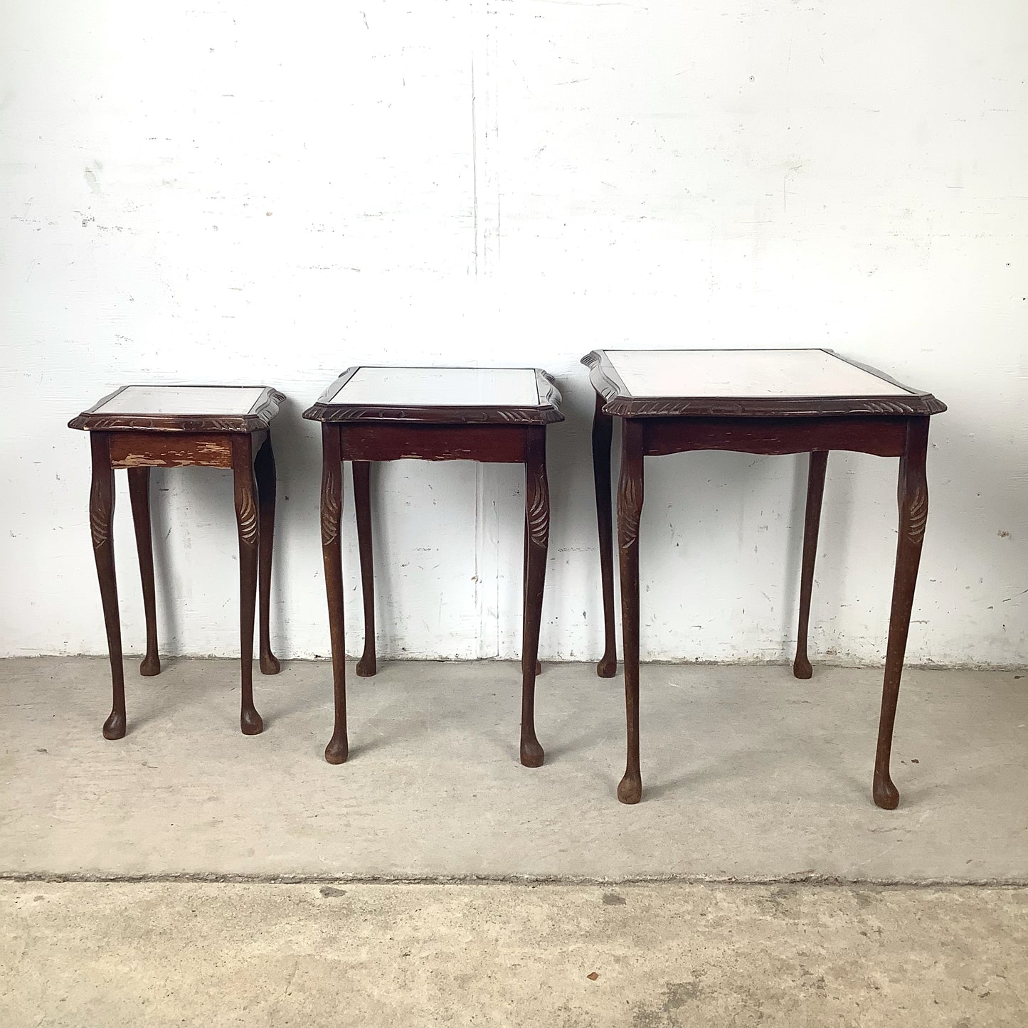 Vintage Queen Anne Style Nesting Tables with Tooled Leather Tops – Set of Three