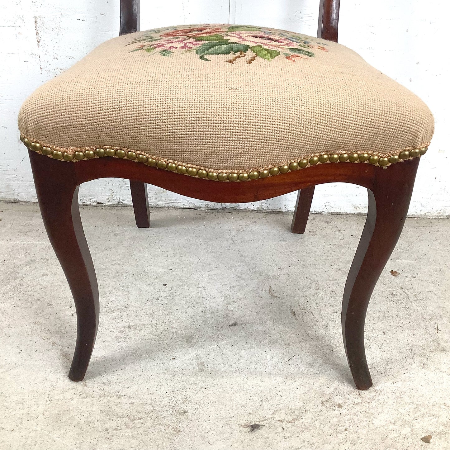  Vintage Chippendale Style Mahogany Side Chair with Floral Needlepoint Upholstered Seat