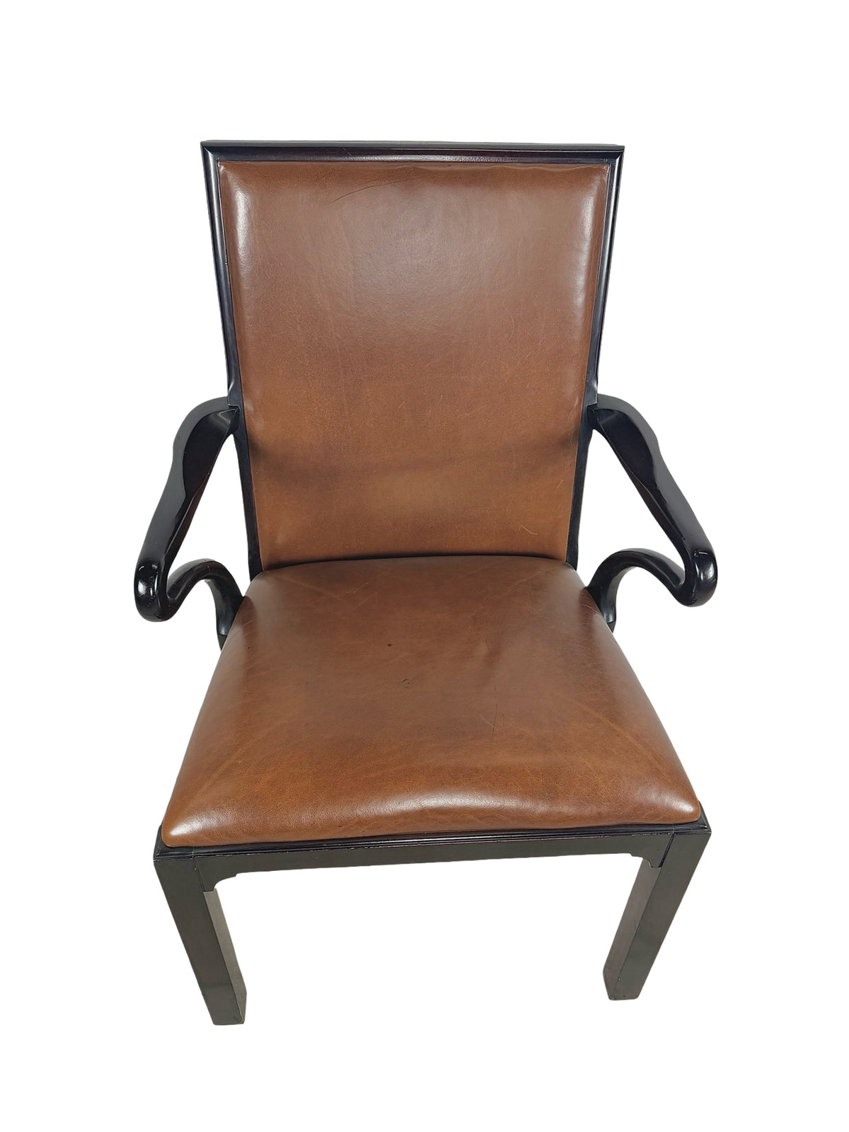 Vintage Baker Furniture Brown Leather & Ebonized Wood Armchair