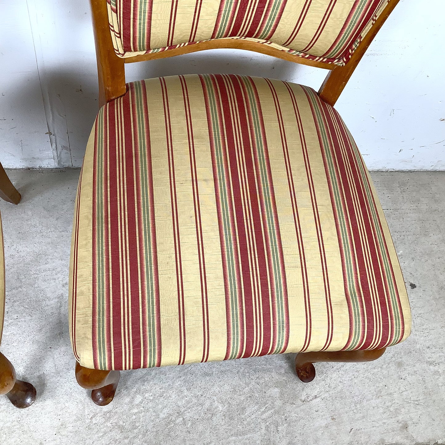 Queen Anne Dining Side Chairs — Set of Four | Walnut Cabriole Legs | Burgundy Stripe Upholstery