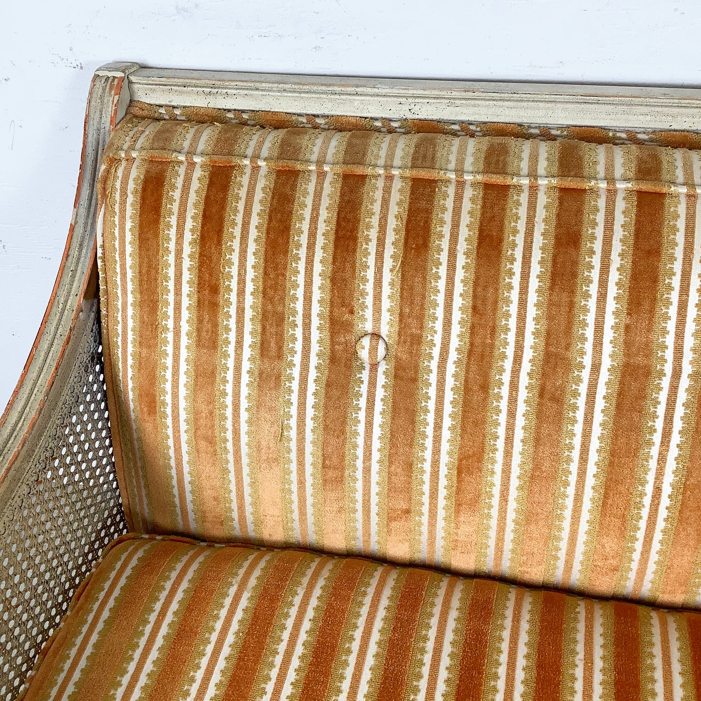 French Louis XVI Style Cane Settee With Elegant Striped Upholstery