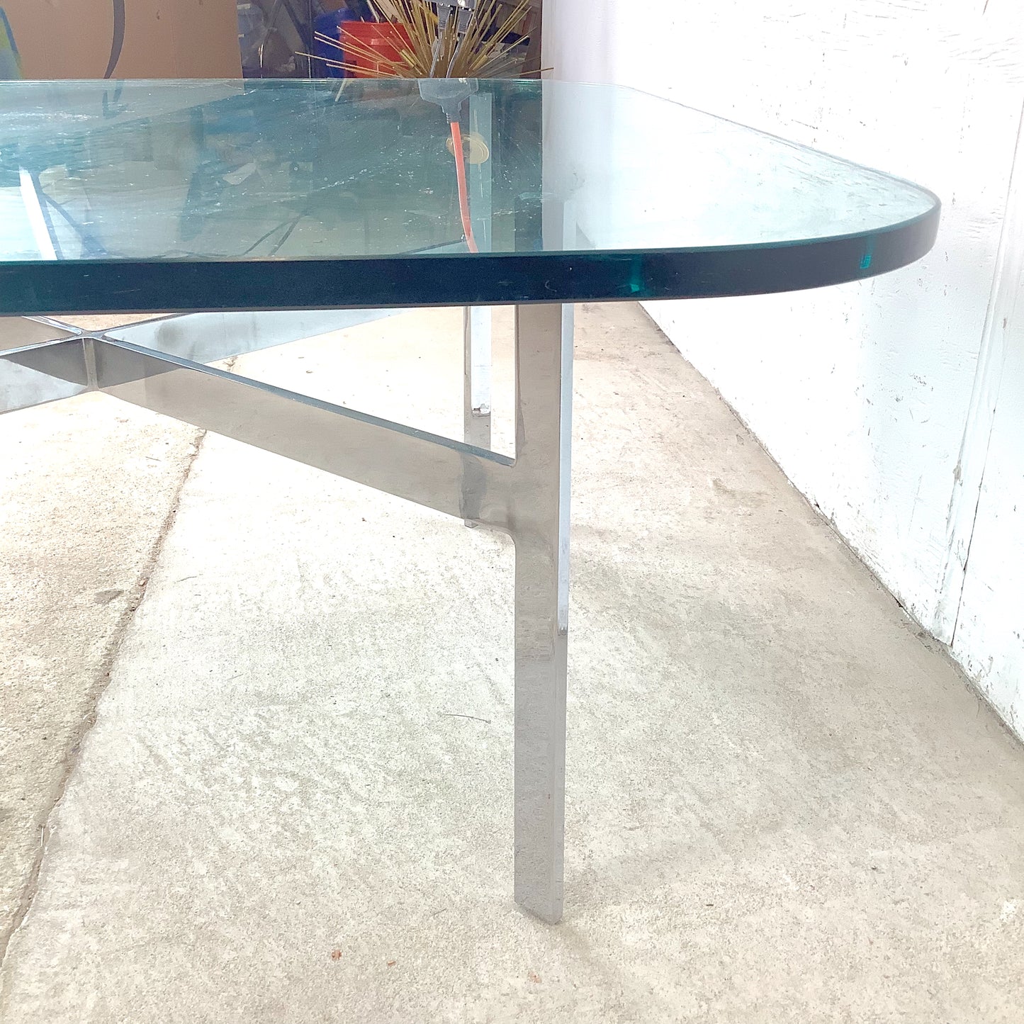 Vintage Barcelona-Style Coffee Table | Brushed Chrome X-Base | Thick Glass | 36" Square | c. 1970s–1980s