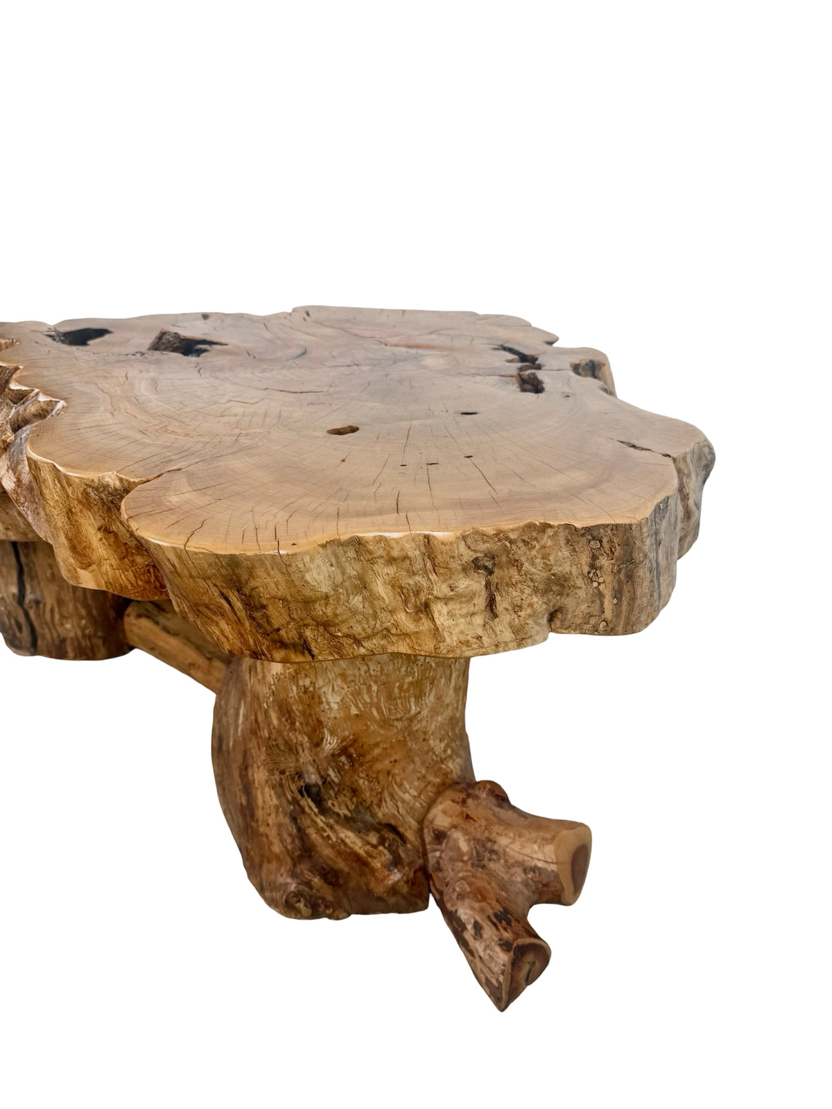 Vintage Two-Tier Live Edge Wood Coffee Table with Sculptural Trunk Base