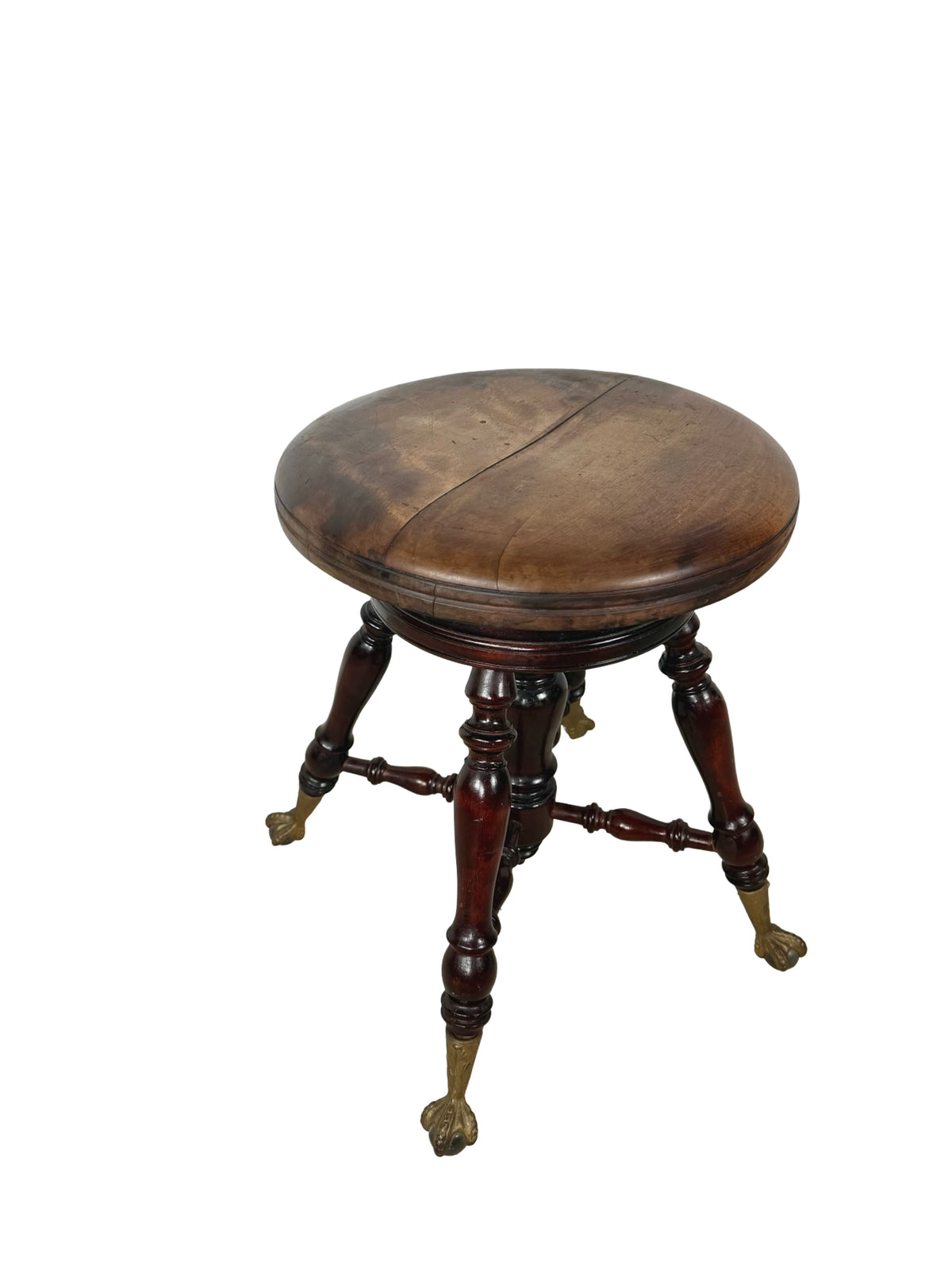 Antique Adjustable Piano Stool with Glass Ball-and-Claw Feet