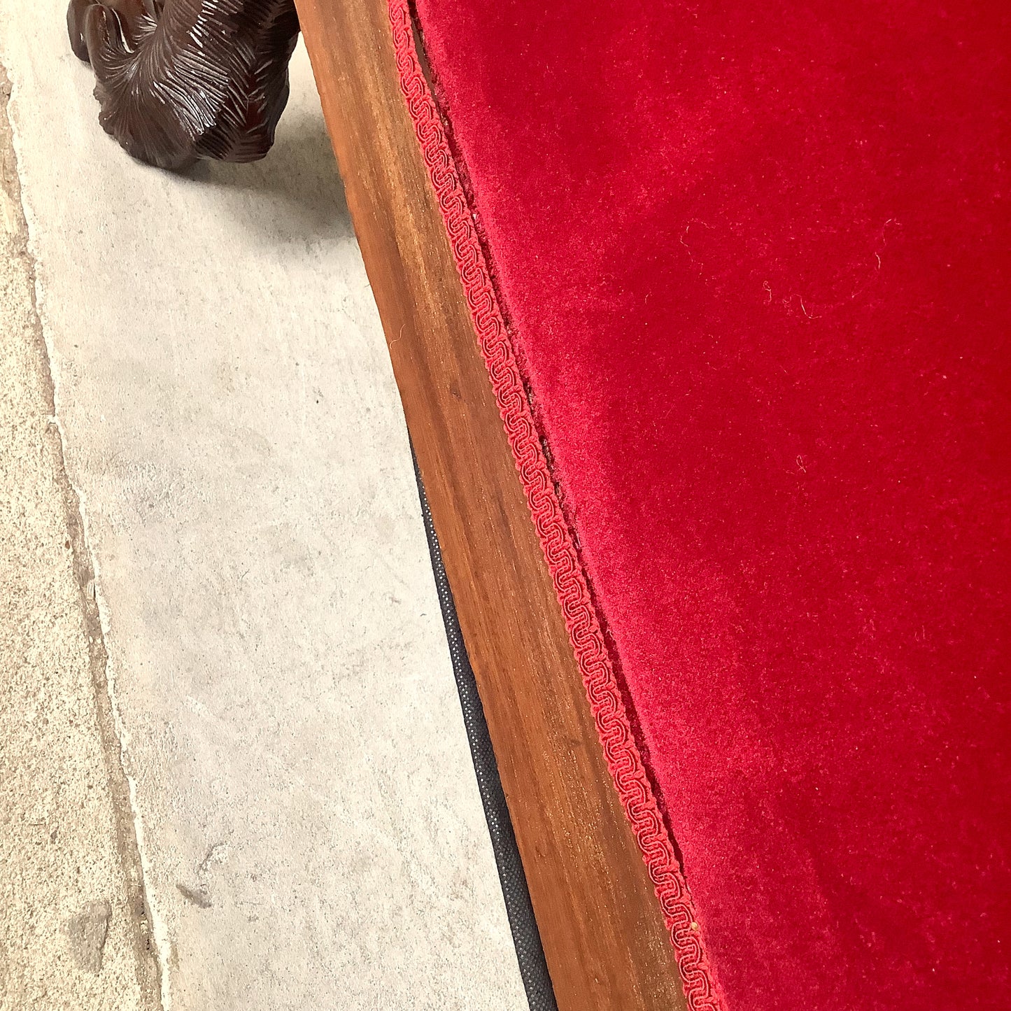 Antique American Empire Revival Mahogany Settee | Scroll Arms Sofa| Carved Paw Feet | Crimson Velvet