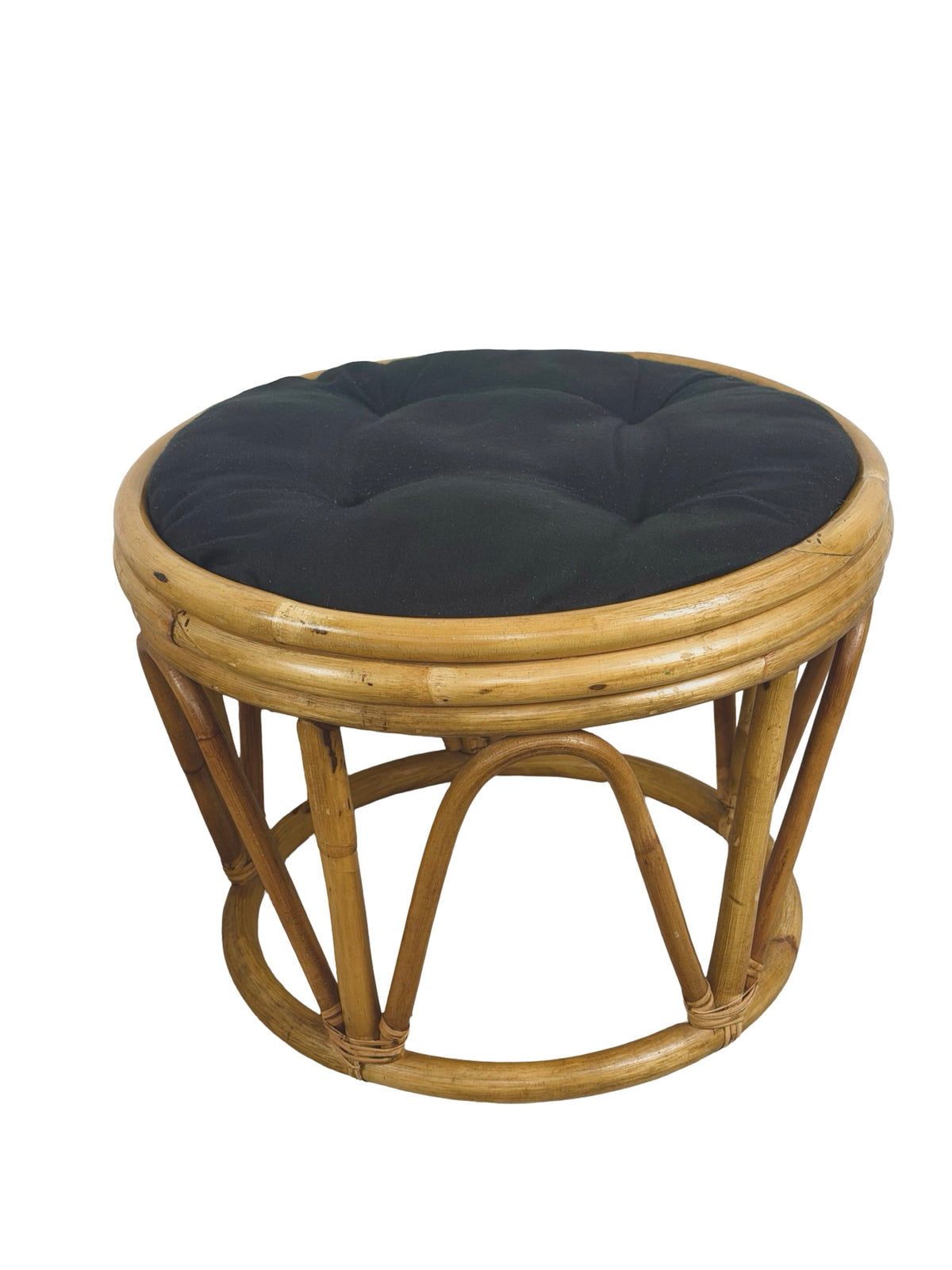 Pair of Vintage Rattan Bamboo Round Ottoman Footstools with Black Cushions, 1970s