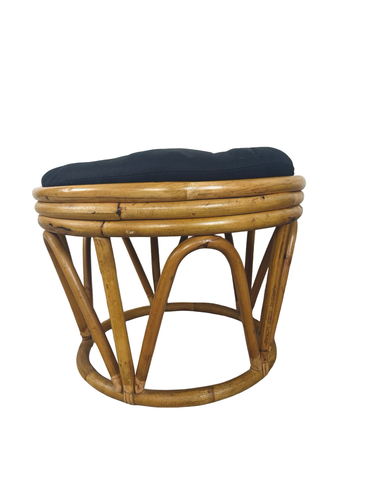 Pair of Vintage Rattan Bamboo Round Ottoman Footstools with Black Cushions, 1970s