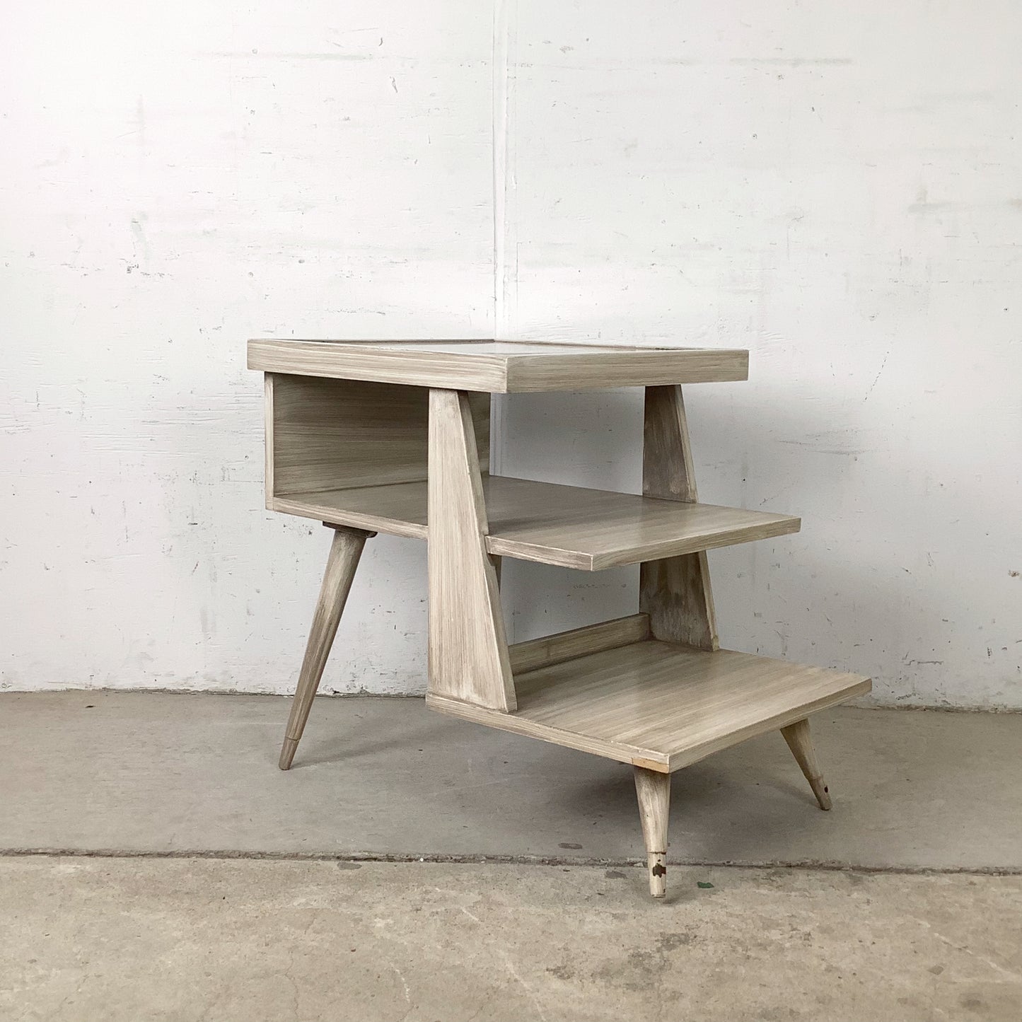 Pair of Vintage Three-Tier Step End Tables | Cerused Finish