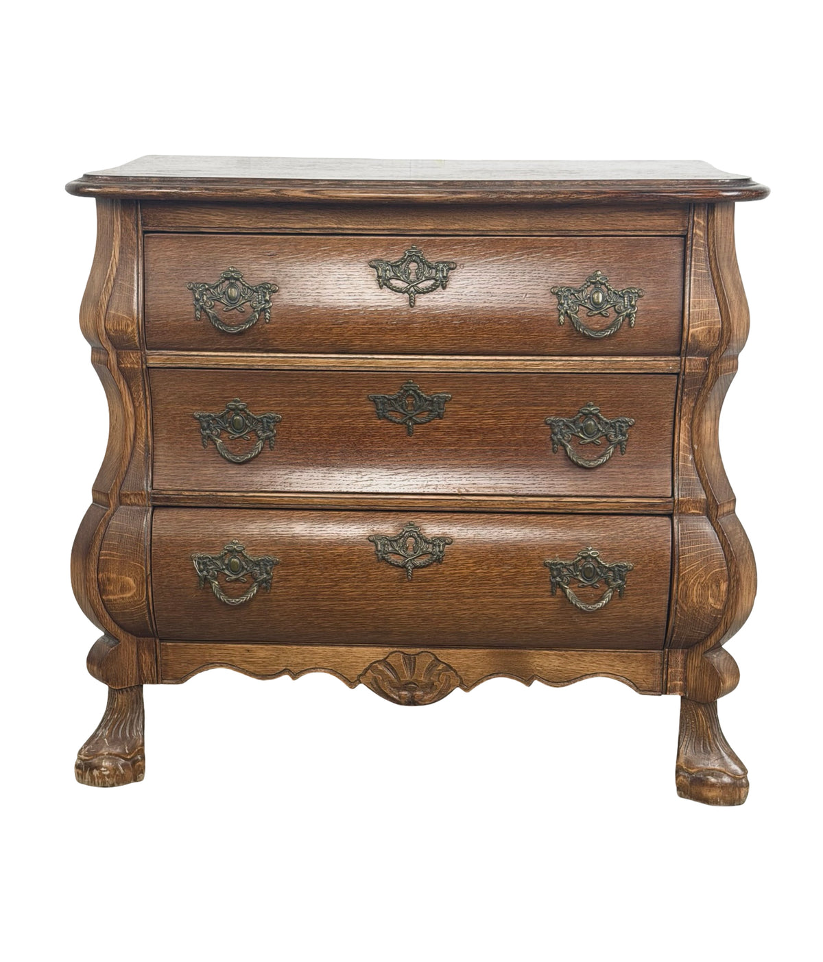 Vintage Dutch Baroque Revival Oak Bombé Three-Drawer Chest with Paw Feet