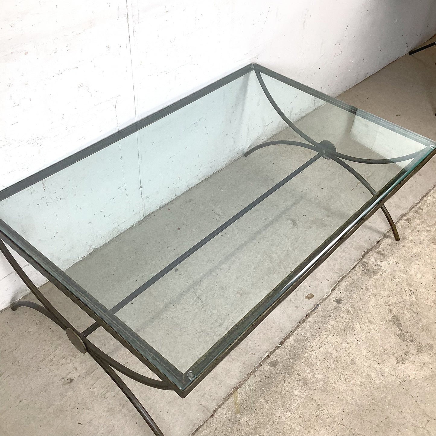 Vintage Modern Glass Coffee Table with Sculptural Wrought Iron Base