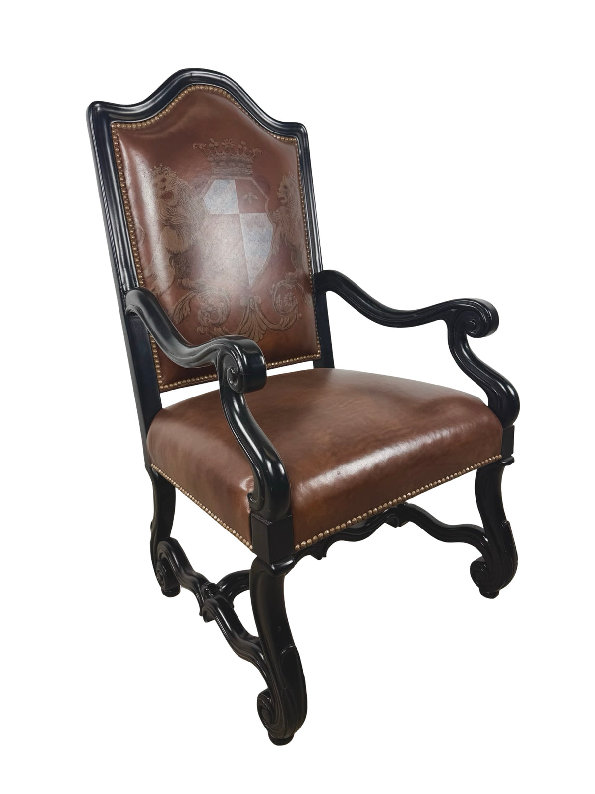 Ferguson Copeland Carved Wood & Leather Crest Armchair