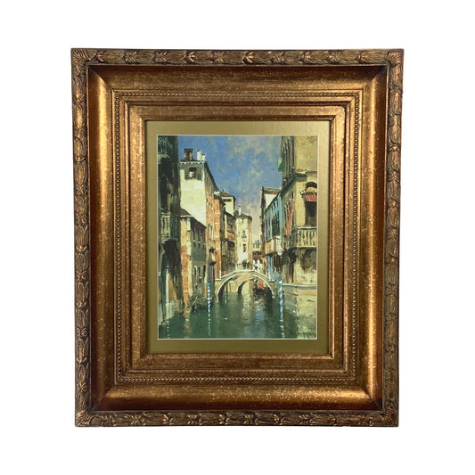 European Grand Tour Canal Scene, Decorative Print in Carved Gilt Frame