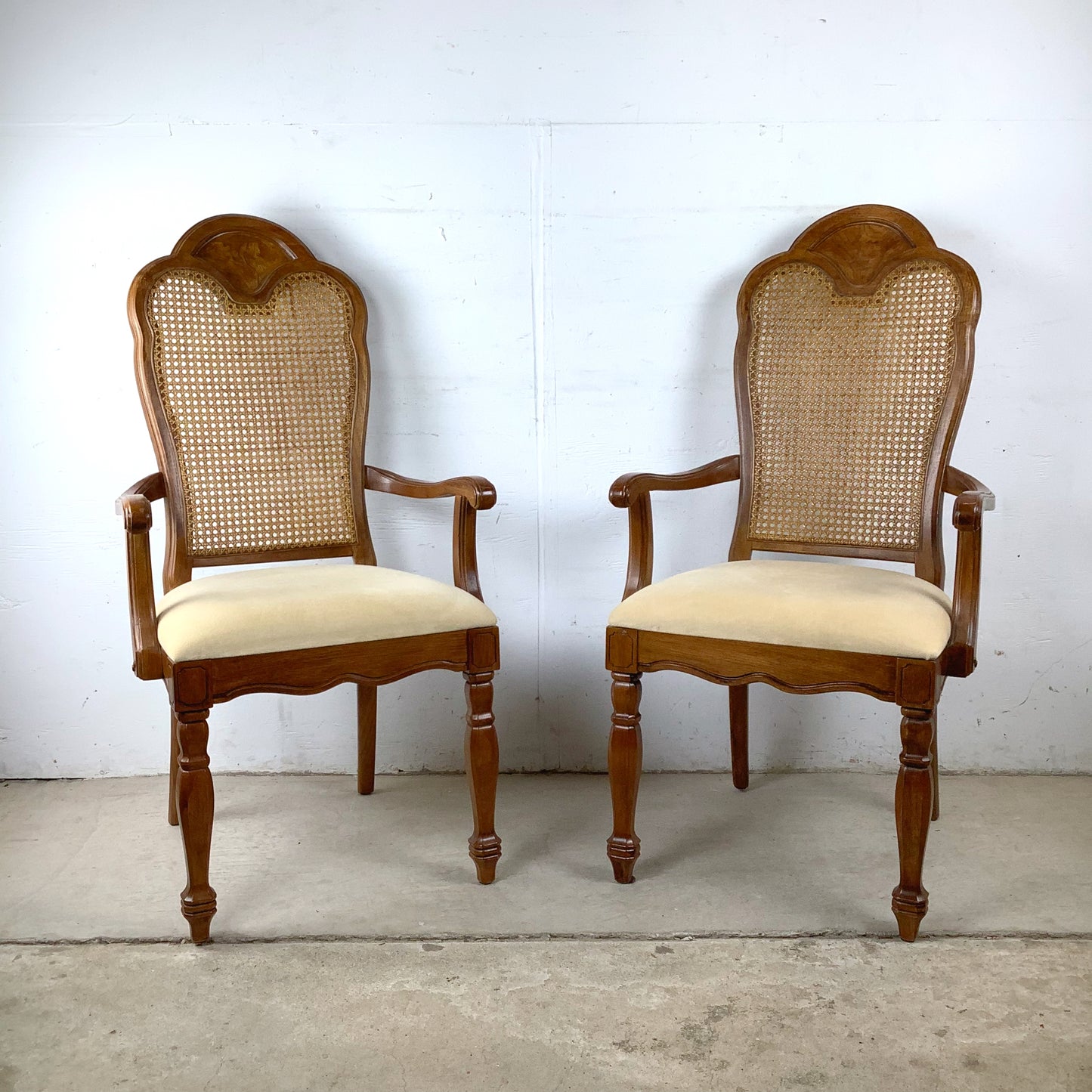 Pair of Vintage Provincial High-Back Cane Armchairs — Walnut, Burlwood Crest, 1970s