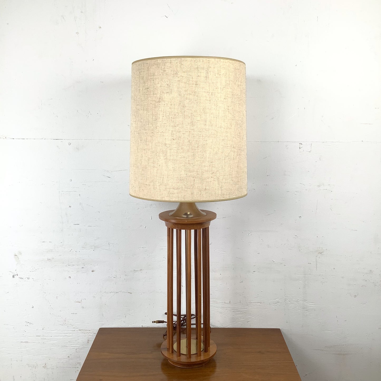 Vintage Mid-Century Walnut Dowel Table Lamp with Linen Drum Shade
