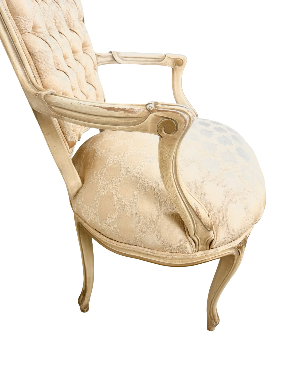 Vintage Louis XV Revival Armchair with Painted Frame, Tufted Back and Damask Seat
