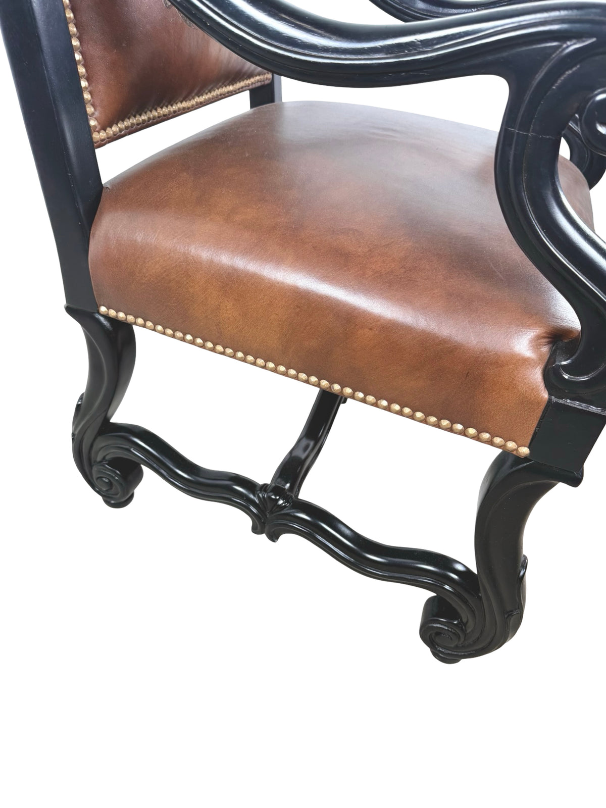 Ferguson Copeland Carved Wood & Leather Crest Armchair