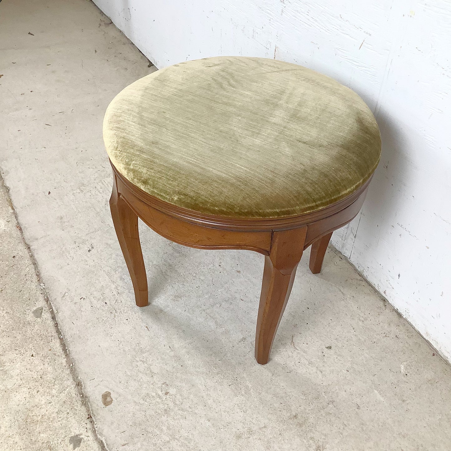 Vintage French Provincial Swivel Stool —Sage Velvet, Cabriole Legs, Mid-Century