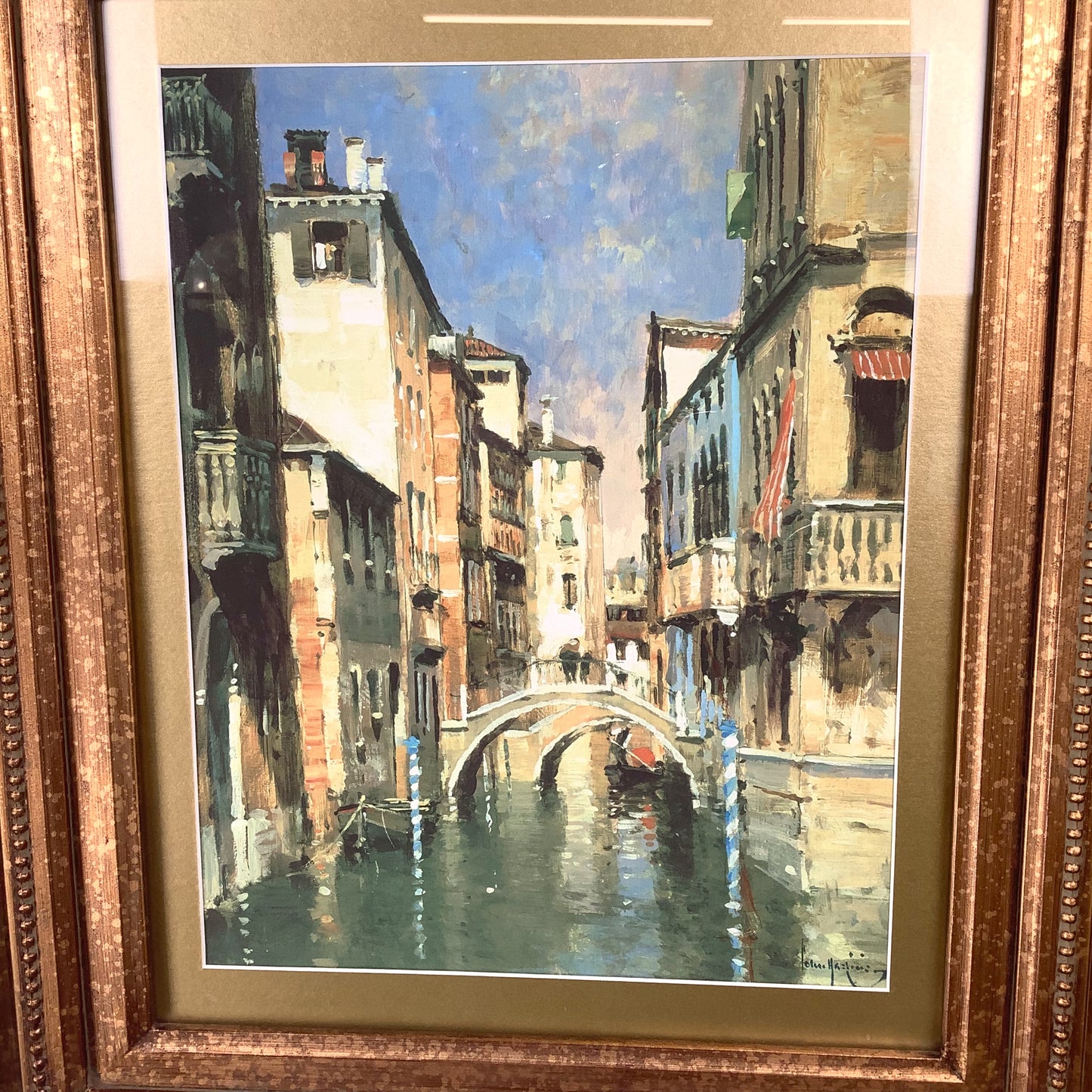 European Grand Tour Canal Scene, Decorative Print in Carved Gilt Frame