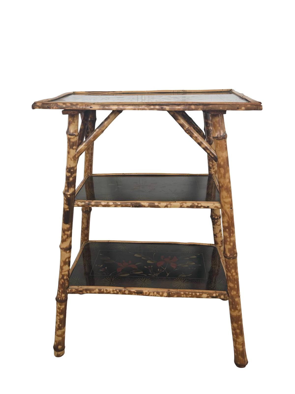Antique Victorian Aesthetic Movement Tiger Bamboo Three-Tier Side Table with Floral Shelves