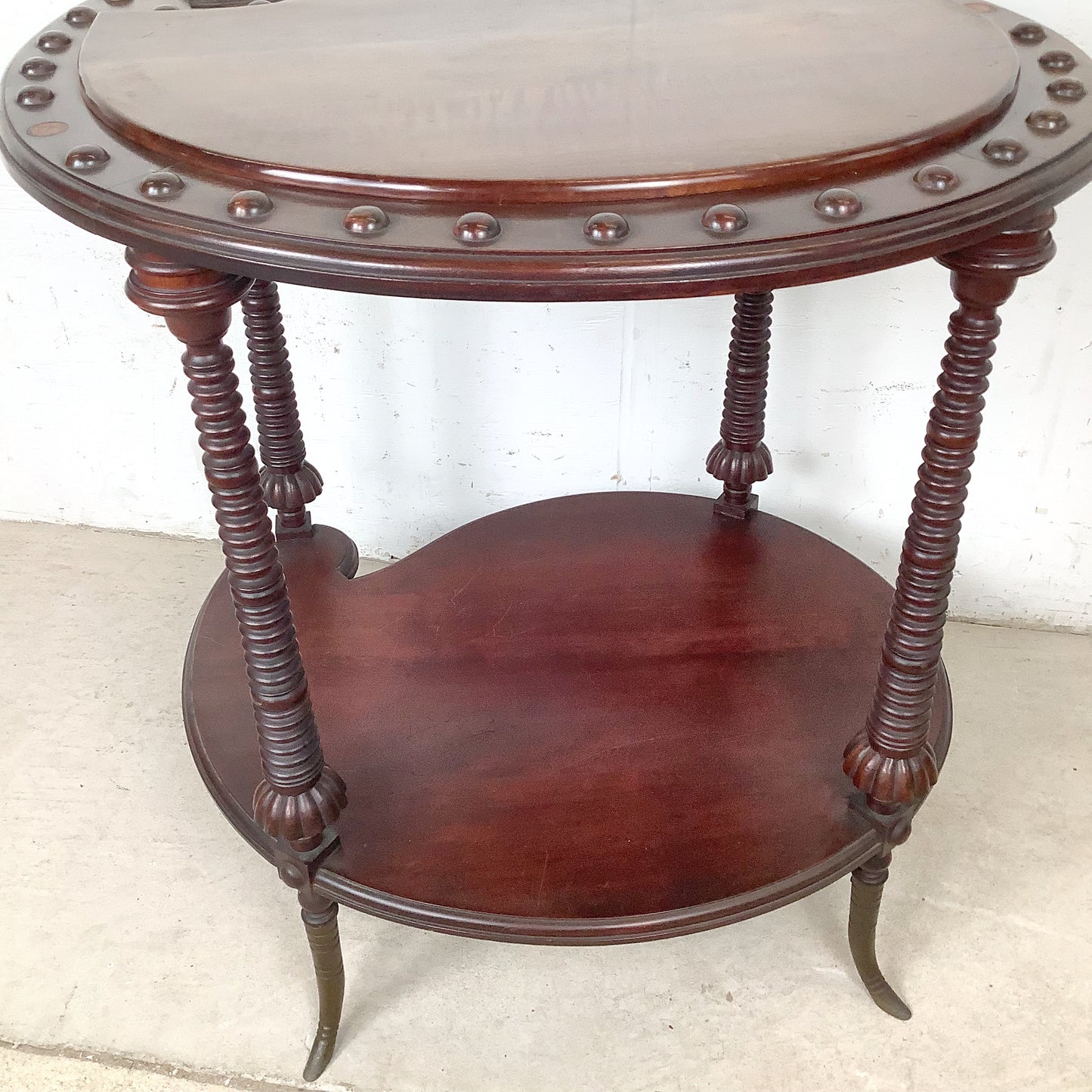 Antique Mahogany Two-Tier Kidney Table | Bobbin Turning | Brass Sabre Feet