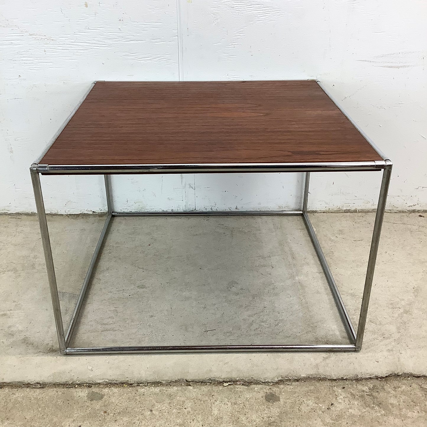 Vintage Chrome Cube Frame Table With Walnut Top