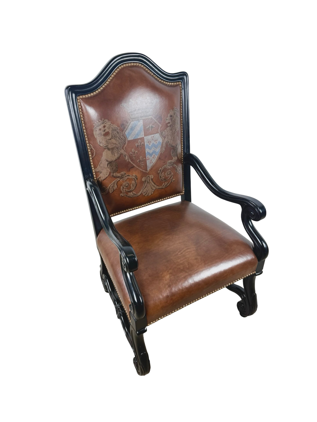Ferguson Copeland Carved Wood & Leather Crest Armchair