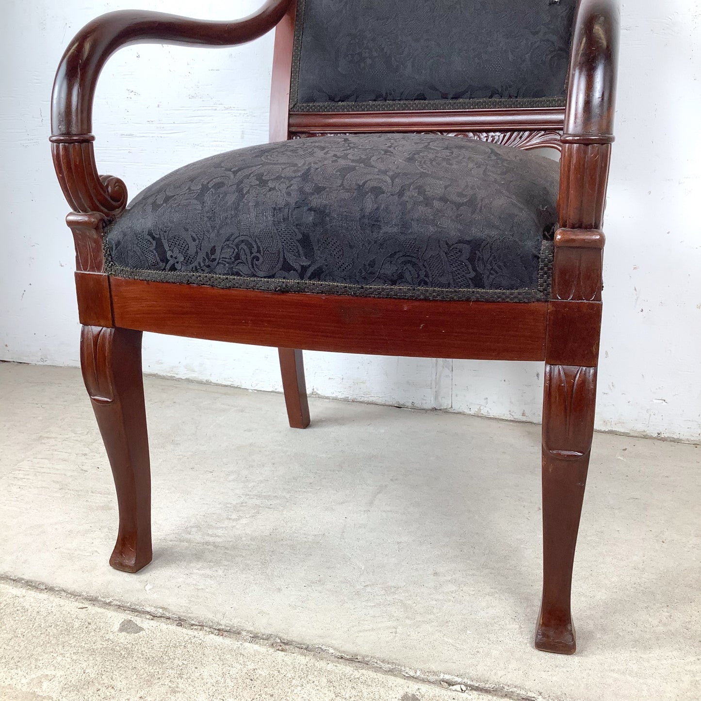 Empire Style Mahogany Armchair | Carved Acanthus Frame | Black Damask Upholstery | Neoclassical