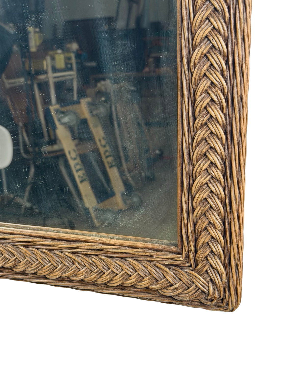 Vintage Arched Wicker Wall Mirror with Basket-Weave Panel and Braided Frame