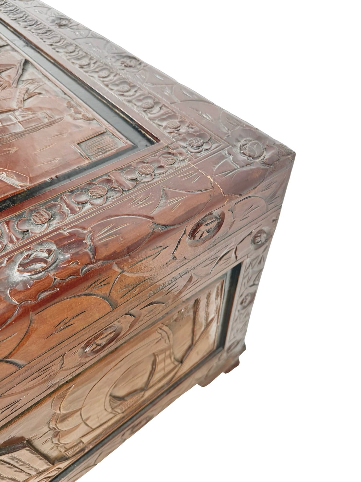Vintage Asian Carved Wood Storage Chest with Figural Relief Carvings