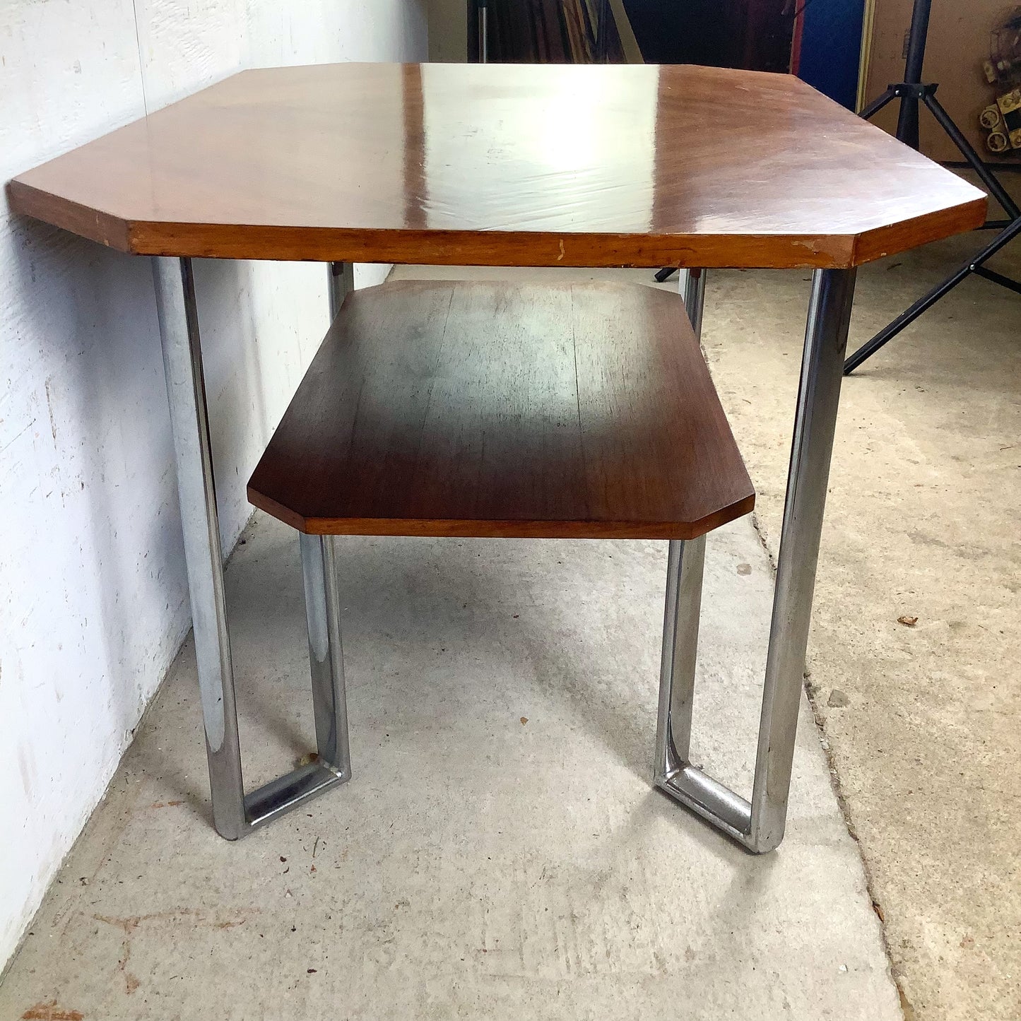 Vintage Modern Coffee Table with Bookmatched Veneer Top and Chrome Base