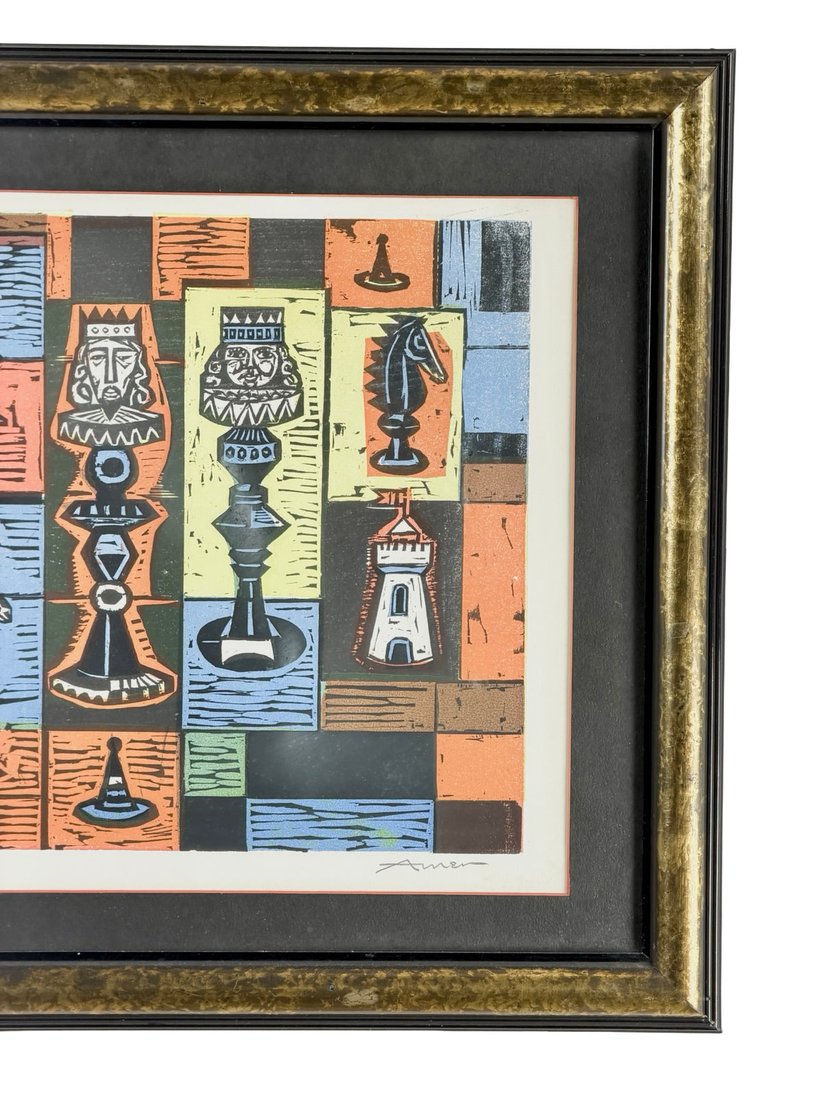 Irving Amen “Chess Board” Signed Mid-Century Modern Color Woodcut