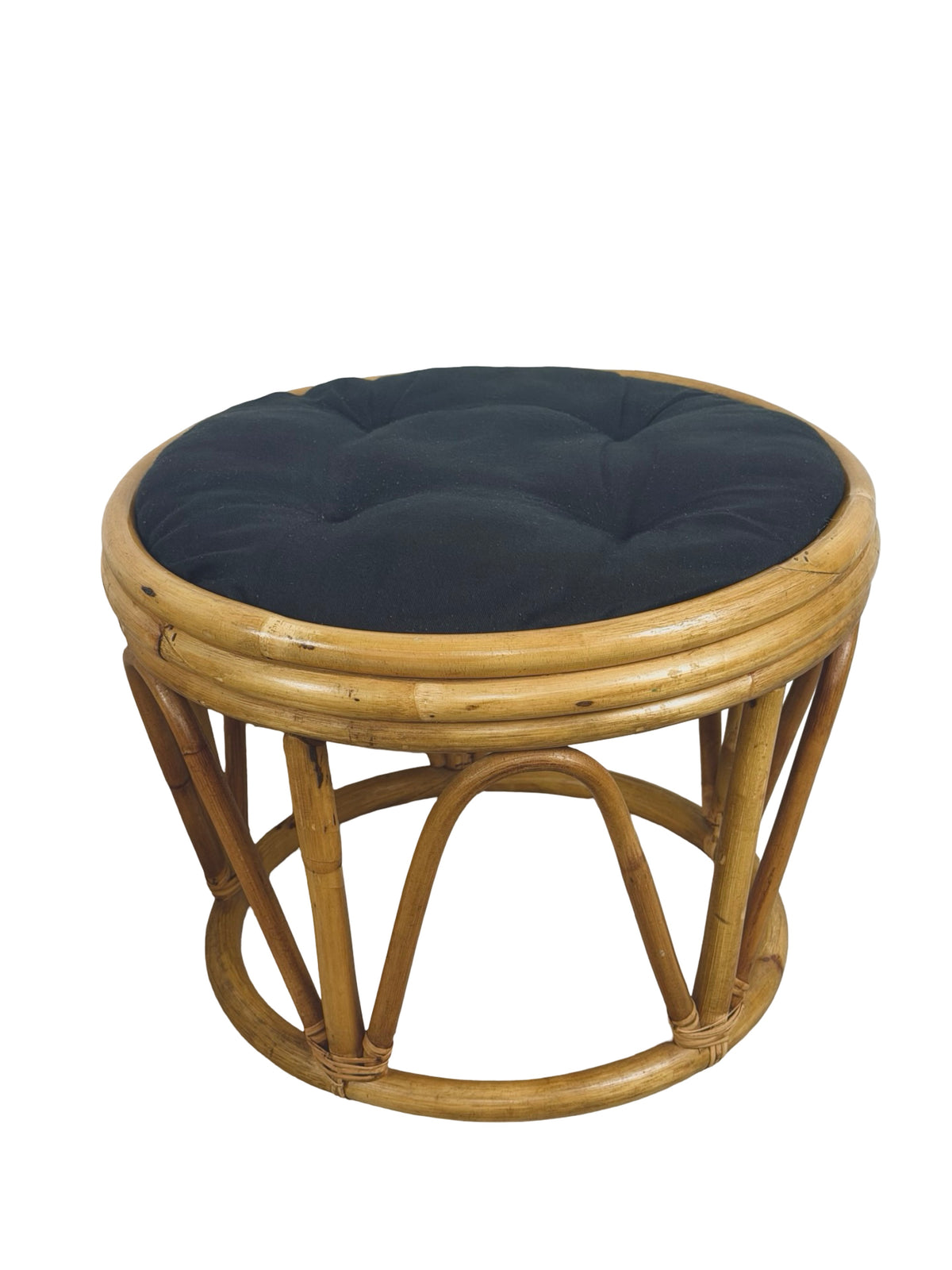 Pair of Vintage Rattan Bamboo Round Ottoman Footstools with Black Cushions, 1970s