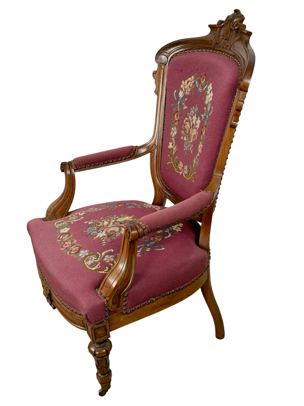 Vintage Renaissance Revival Carved Armchair with Burgundy Floral Upholstery