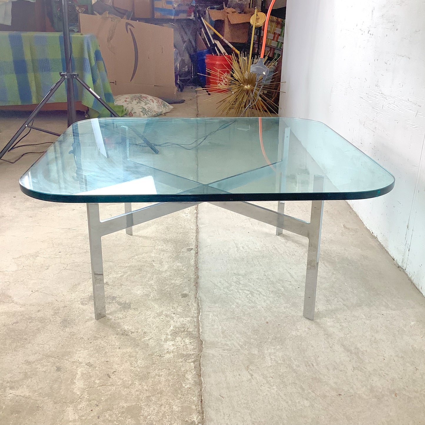 Vintage Barcelona-Style Coffee Table | Brushed Chrome X-Base | Thick Glass | 36" Square | c. 1970s–1980s
